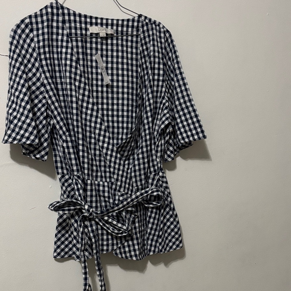 LOFT Navy and White Gingham Wrap Blouse